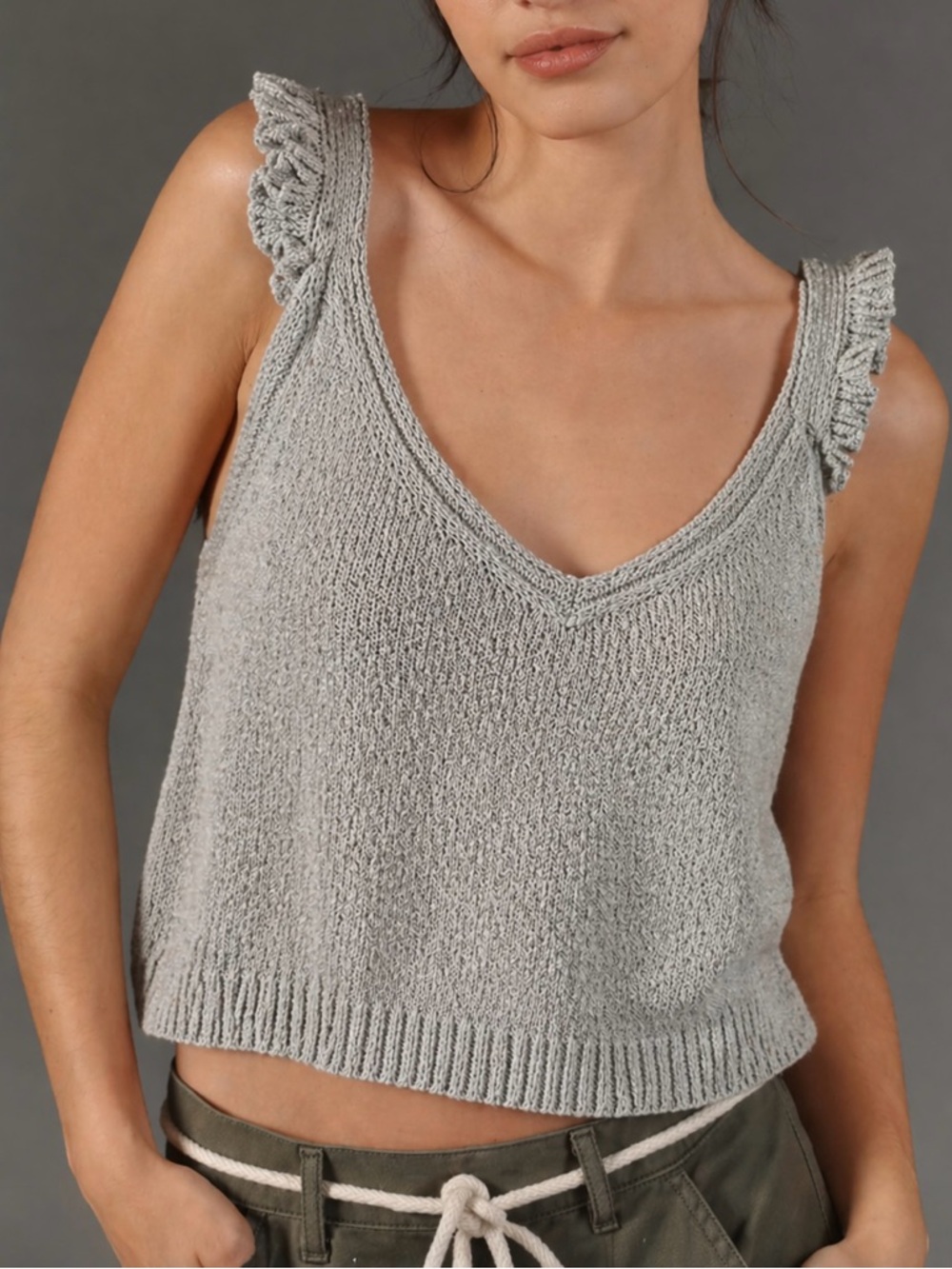 Rylee + Cru Women’s Knit Tank Ruffled Straps V-Neck Heathered Laurel Size S